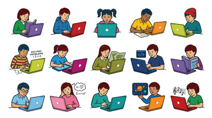Fototapeta premium Children Learning With Laptops, Educational Technology Flat Illustration