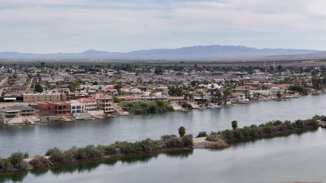 Drone Shot of Laughlin Nevada USA and Colorado River, Buildings and Landscape