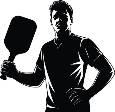 Male pickleball player holding a sports paddle, black and white stencil vector portrait and athlete and confident pose