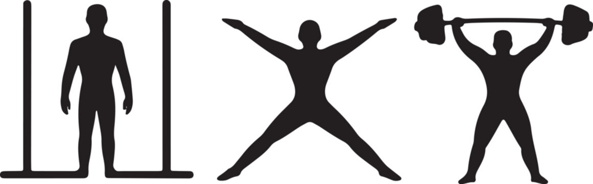 Human body exercise silhouettes featuring a standing person, a jumping jack and weight lifting and physical culture