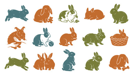 Obraz premium Cute vector illustration of colorful rabbits in different poses, flat design