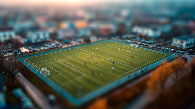 Aerial tilt shift view of football match played on grass pitch at dusk.