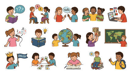 Fototapeta premium Children Learning Languages and Geography with Books, Globe, and Computer
