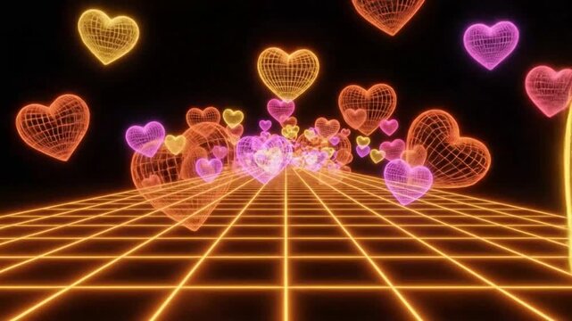Abstract cyberspace journey with floating wireframe hearts and glowing retro grid background, love concept
