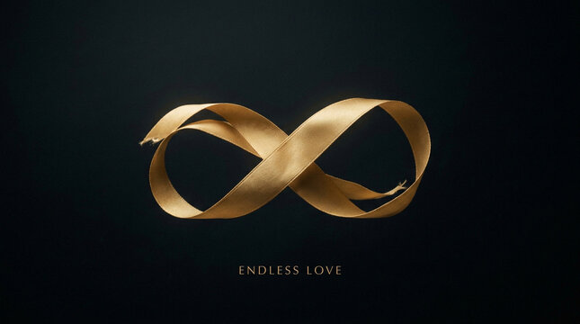 Golden infinity ribbon on black background, endless love concept with elegant satin texture, luxury gold loop symbol for anniversary and wedding