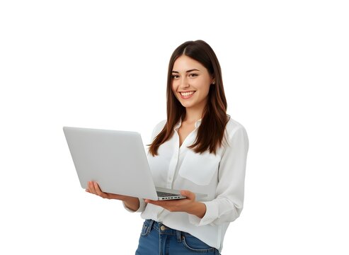 Young professional woman standing with an open laptop, smiling while working, clean white background,