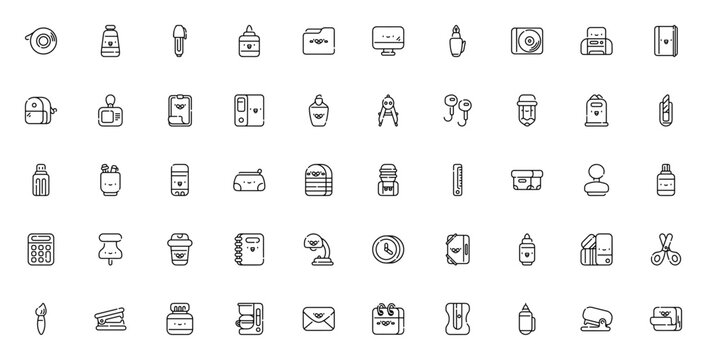 Stationery icon set. Minimal vector icons. Featuring pen, pencil, eraser, ruler, scissors, notebook, glue, folder, calculator, brush, envelope, stapler and more. Editable.