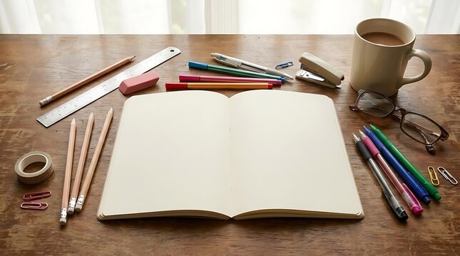 Open notebook with study and office supplies on wooden desk