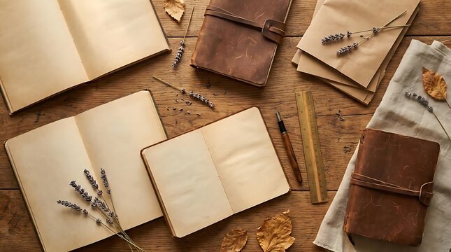 Vintage writing supplies and journals laid flat overhead