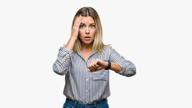 Stressed young woman checking time on her watch against white background