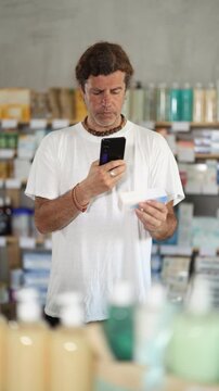  Adult man buyer scanning qr code for box of ointment in pharmacy