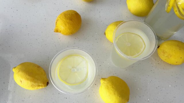 Fresh lemonade preparation with citrus fruits and water. Top view of ripe yellow lemons and glasses with a healthy, refreshing, and detoxifying summer drink on a kitchen counter