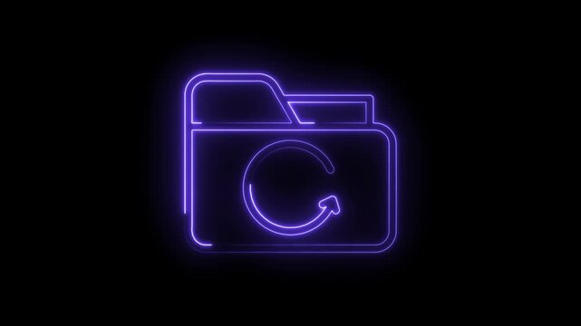 Neon folder icon with circular arrow animation glowing purple on black background representing