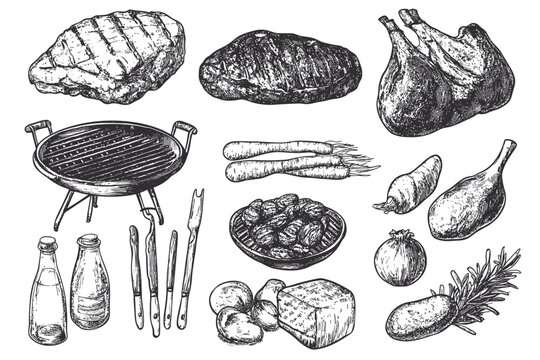 Hand Drawn Barbecue Food and Grill Illustration.