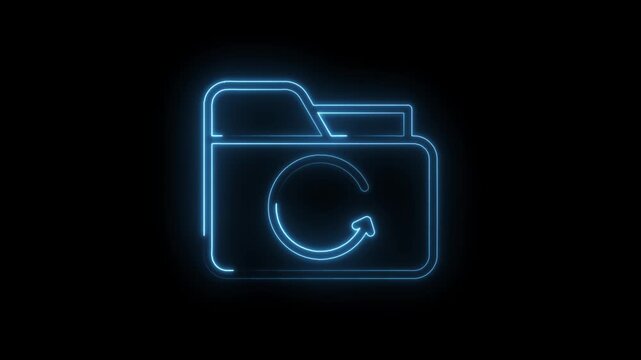 Glowing blue neon folder icon with circular arrow animation representing refresh update sync or