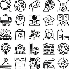 Fototapeta premium Set of line art icons illustrating diverse business, health and lifestyle conceptsfinance, beauty, logistics, travel, technology, communication and problem solving symbols