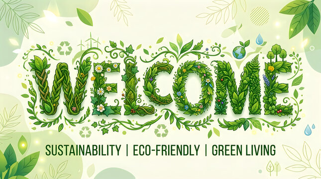Green leafy WELCOME text with eco symbols and nature elements during daytime