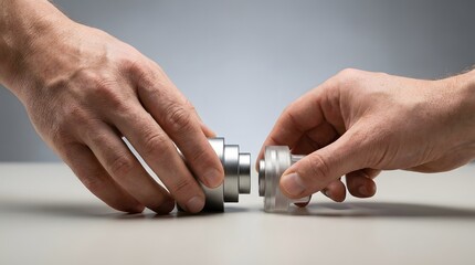 Fototapeta premium Hands assembling two precision metal mechanical components together.