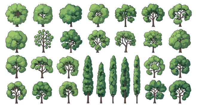 Green tree vector icons set, collection of 26 flat forest and garden plants, various deciduous and cypress tree shapes for landscape design and maps