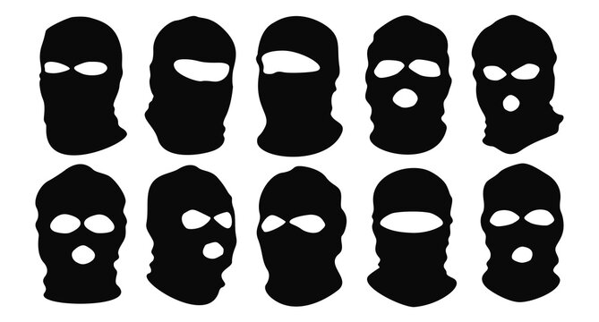 Illustration vector set of black mask or balaclava silhouette collection in multiple styles symbol of anonymity or face concealment used by robbers, thiefs, criminals, football fans, hooligans, ultras