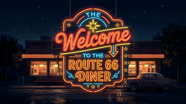 Retro neon diner sign welcoming travelers to Route 66 at night with a classic car