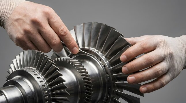 Engineer inspecting a precision aircraft turbine engine component.