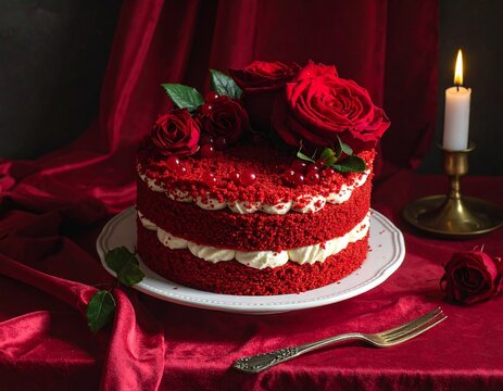 Luxury Red Velvet Cake Decorated with Fresh Red Roses and Berries, Elegant Romantic Celebration Dessert