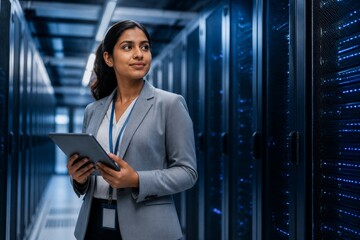 Fototapeta premium Woman stands in server room with tablet. She examines data with focused calm expression. Rows of glowing servers stretch into the distance. Tech professional manages digital infrastructure