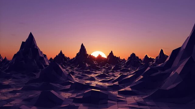 Abstract low poly landscape with golden sunset, digital terrain background.
