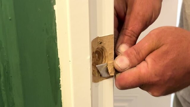 Men's hands repairing a door, door lock Apartment renovation, worker fixing white door, handyman at home, call a professional for repairs. High quality