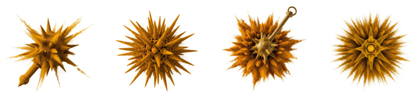Four spiked mace weapons hitting yellow powder isolated on black background