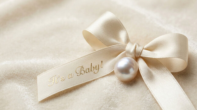 Elegant cream satin ribbon bow with pearl, It's a Baby gold text on silk fabric, luxury baby shower announcement and newborn celebration background