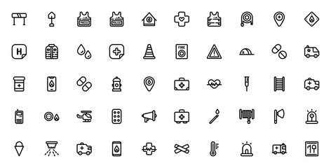 Emergency icon set. Minimal linear icons. Safety icon pack. Related to emergency, rescue, fire, medical, police, and more. Including symbols for ambulance, hospital, first aid kit, siren, barrier, sho © wang