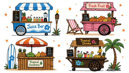 Colorful tropical drink and fruit stands illustration depicting a summer beach lifestyle with various fresh offerings © Shawon