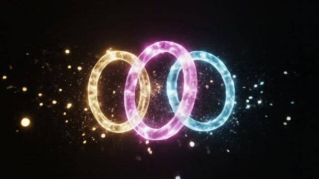 Abstract three interlocked glowing rings animation with particles on a dark background showing a vibrant light show