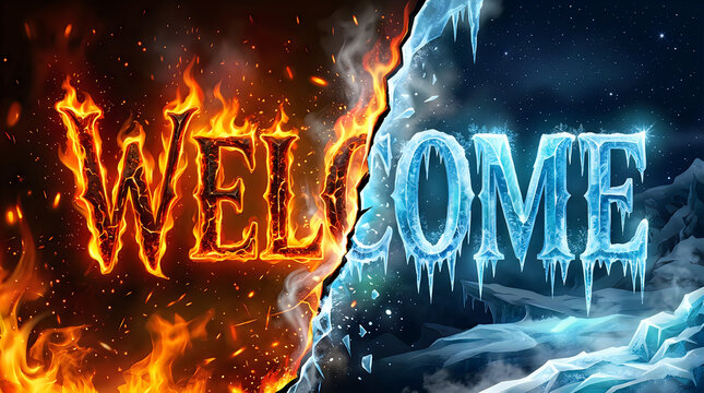 Welcome text in fiery flames against icy frozen landscape conceptualizing contrast