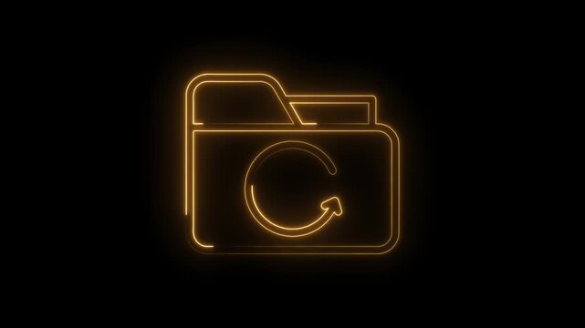 Glowing orange neon folder icon with circular arrow animation representing refresh reload update