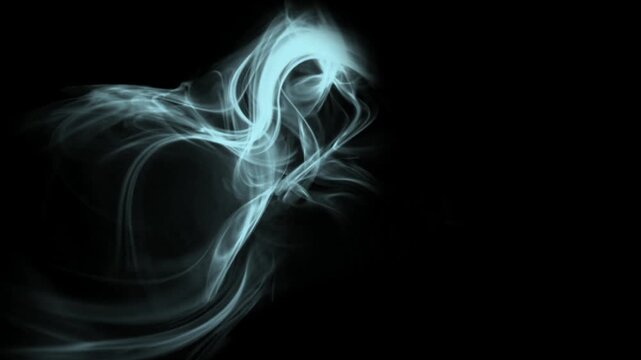 Blue wisps of smoke swirl in the darkness to form a delicate flowing shape.