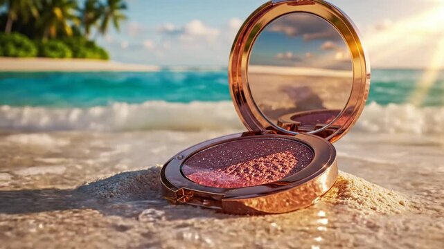 Luxurious rose gold compact mirror and blush on sandy beach with sun, tropical ocean background