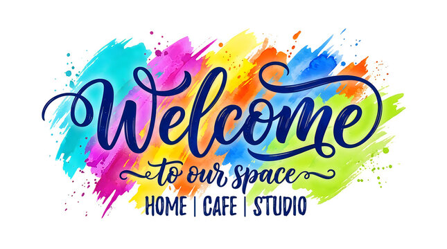 Welcome text with vibrant paint splashes and diverse location options for a lively greeting