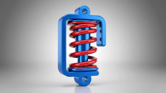 Realistic 3D Animation of a Blue and Red Spring Shock Absorber on a Gradated Background