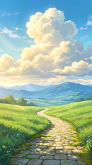 Fototapeta premium Winding cobblestone path through green fields toward distant mountains