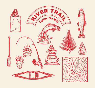 Hand drawn vintage river trail fishing outdoor element illustration with trout canoe paddle and bear paw print
