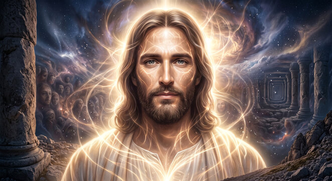 Bible, A powerful portrait focusing on Jesus during the Transfiguration. His eyes are clear and filled with a gaze of absolute, ancient authority, yet deeply compassionate. 