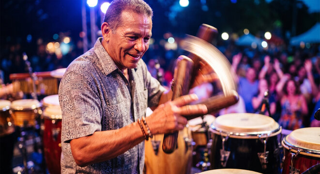 A dynamic action shot of a percussionist performing at an outdoor Latin jazz festival, capturing the rapid, blurred motion of the claves as they are struck together,