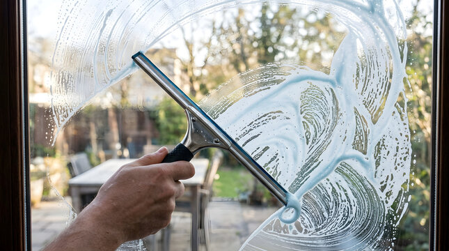 Person cleaning a glass window with a squeegee and soapy water foam