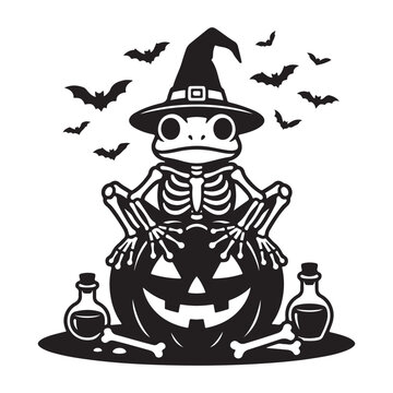 Skeleton frog wearing witch hat sitting on halloween pumpkin
