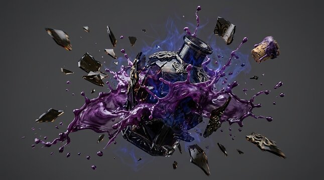 Exploding gothic potion bottle with vibrant purple liquid and fragments for fantasy design and dark magic theme