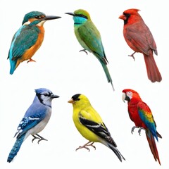 Naklejka premium Collection of Six Colorful Birds Isolated on White Background