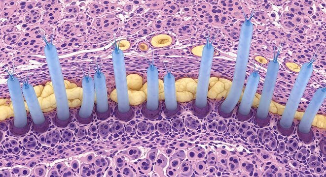 Cross section of skin layers with dermal papillae and epidermis